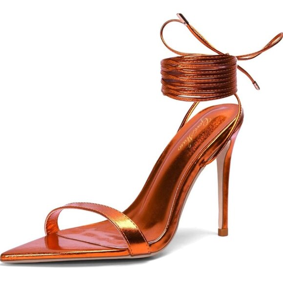 Metallic Orange Strappy Lace-Up High Heel Stiletto Sandals Size 8 - Picture 6 of 11